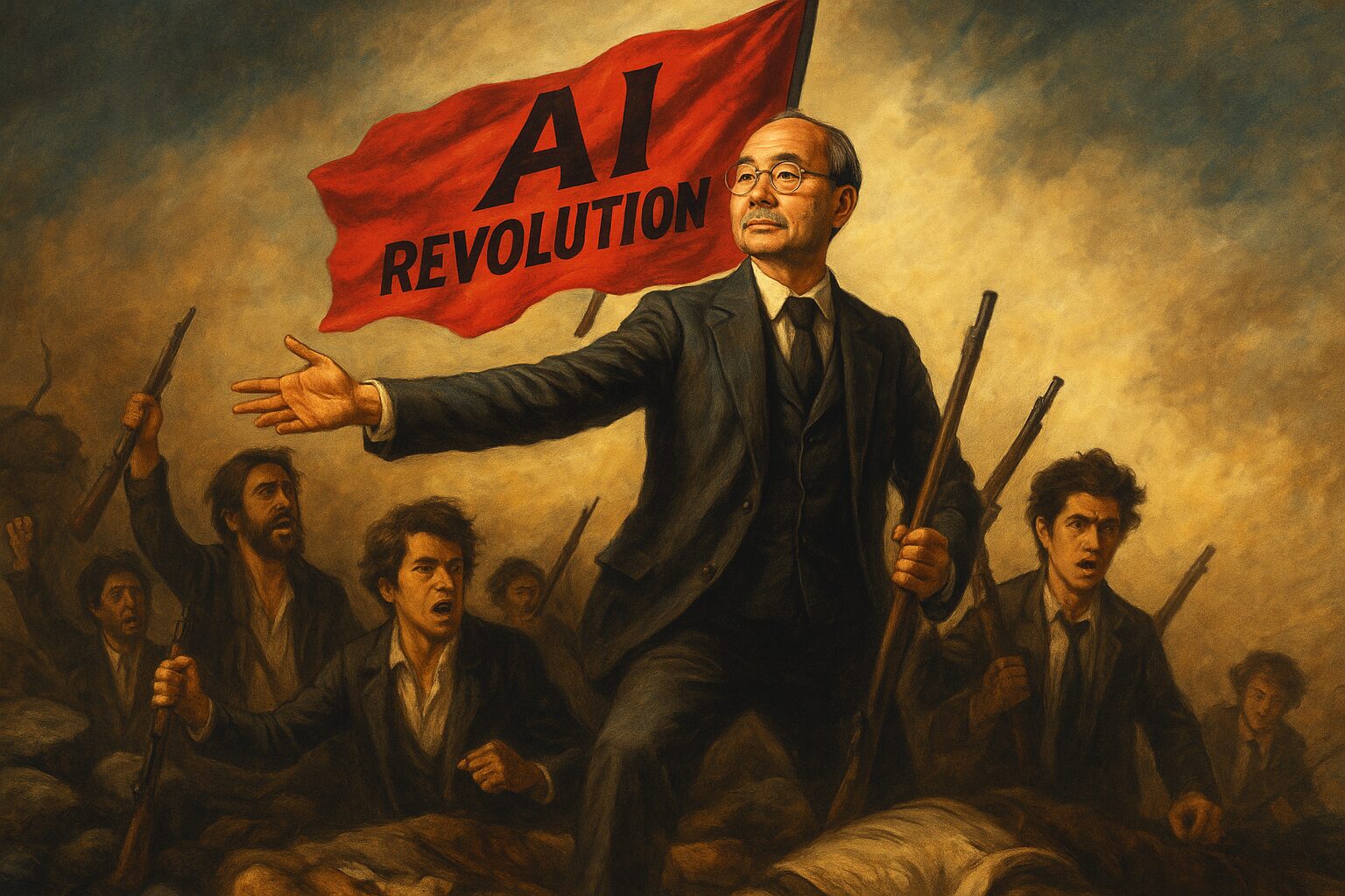 AI革命を象徴する男性が赤い旗を掲げるノスタルジックなポスター風イラスト。2000年のITバブルと2025年のAI相場の熱狂を対比。