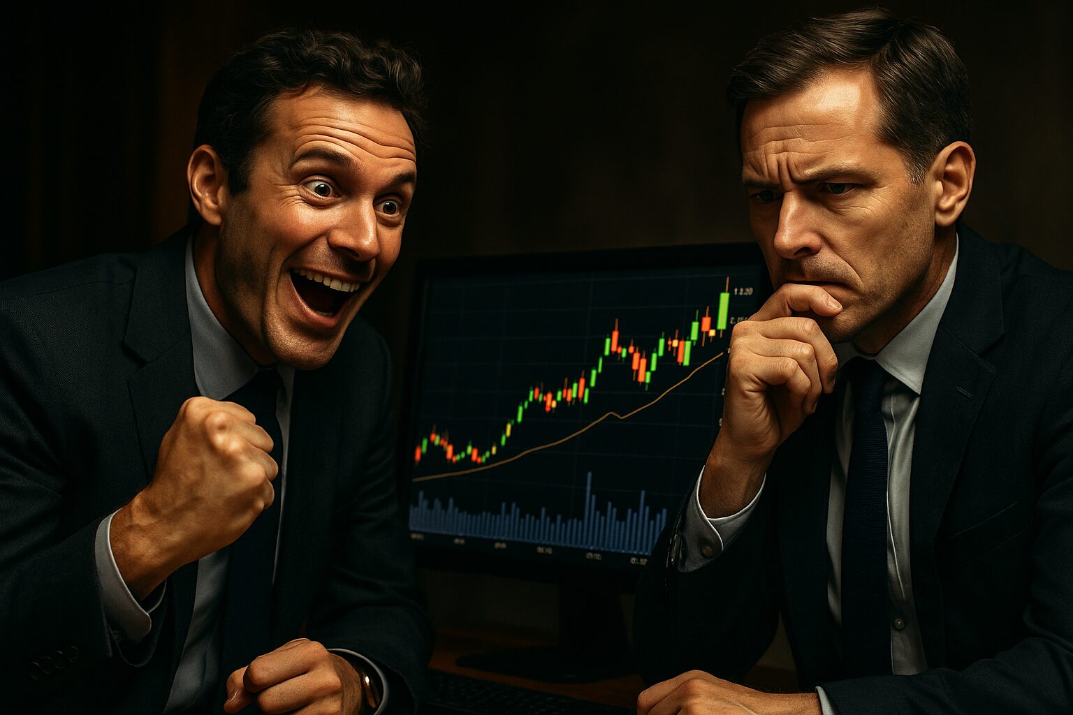 Two investors analyzing a Japanese stock chart showing a sharp rise and mild pullback, representing the cautious phase in Japan’s nonferrous metals rally.